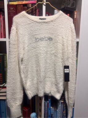 bebe Cream Fuzzy Rhinestone Logo Crew Sweater